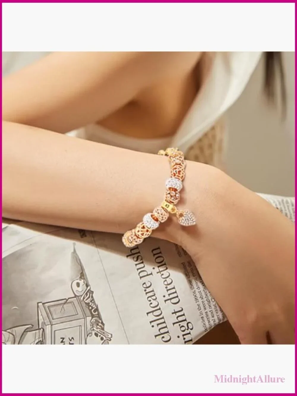 Gold Beaded Bangle Bracelet with Rhinestone Heart Charm - Adjustable